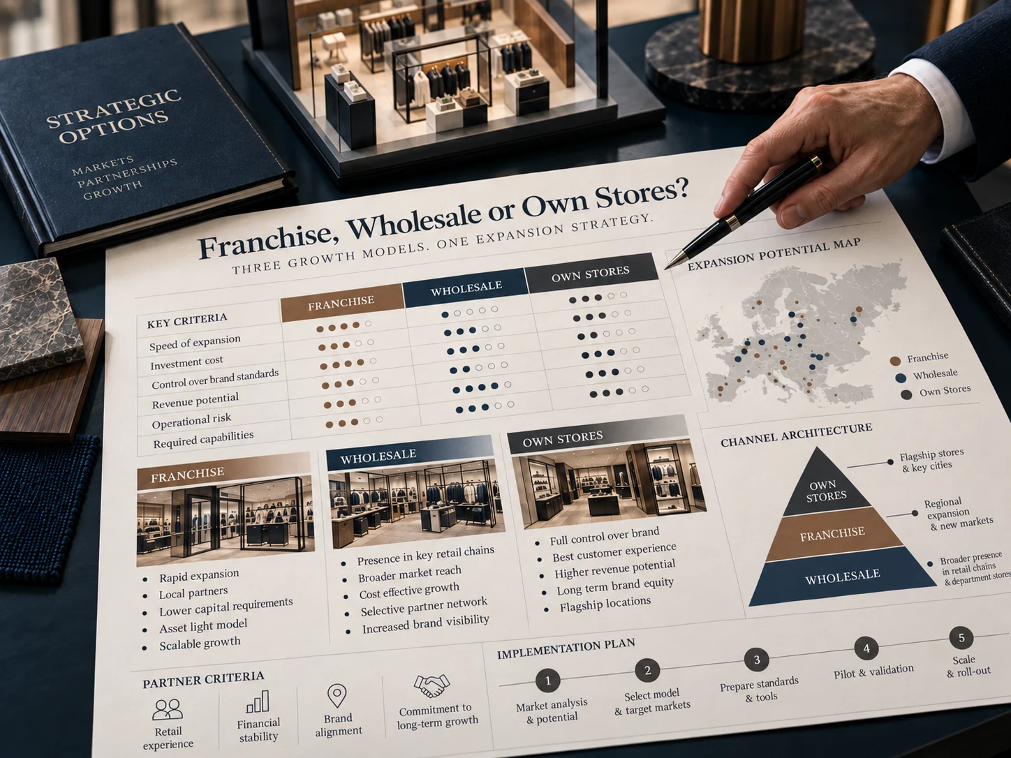 Dokument „Franchising, Wholesale oder eigenes Vertriebsnetz?“ mit einem Vergleich von Expansionsmodellen und einer Potenzialkarte