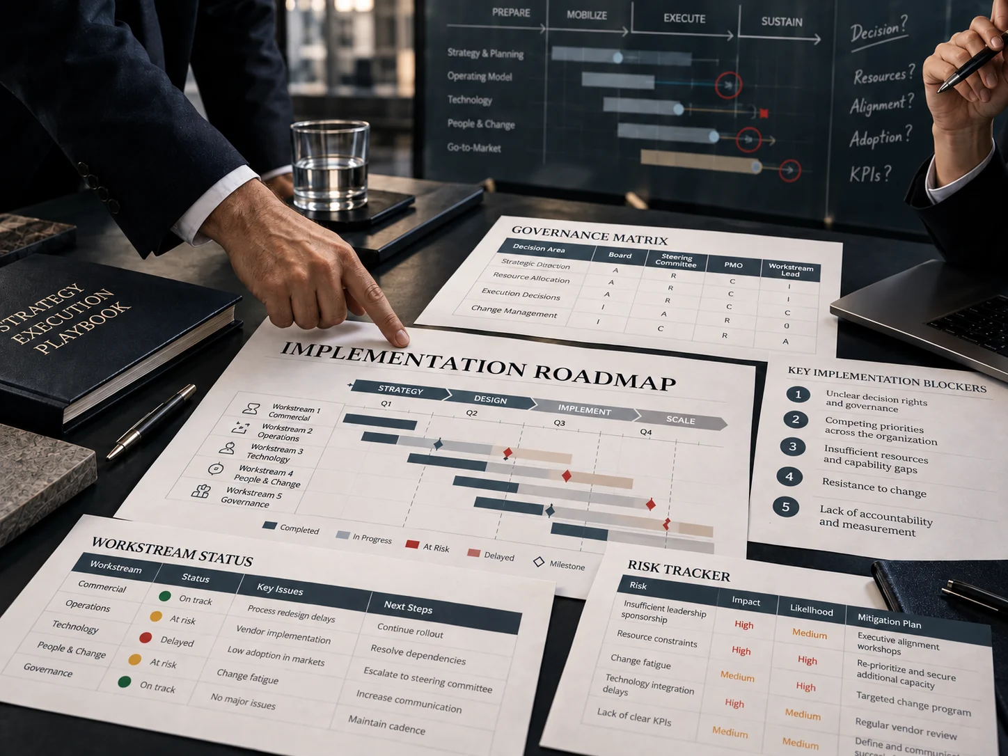 Dokument „Implementation Roadmap“ mit Governance-Matrix, Status der Workstreams und Risikoregister