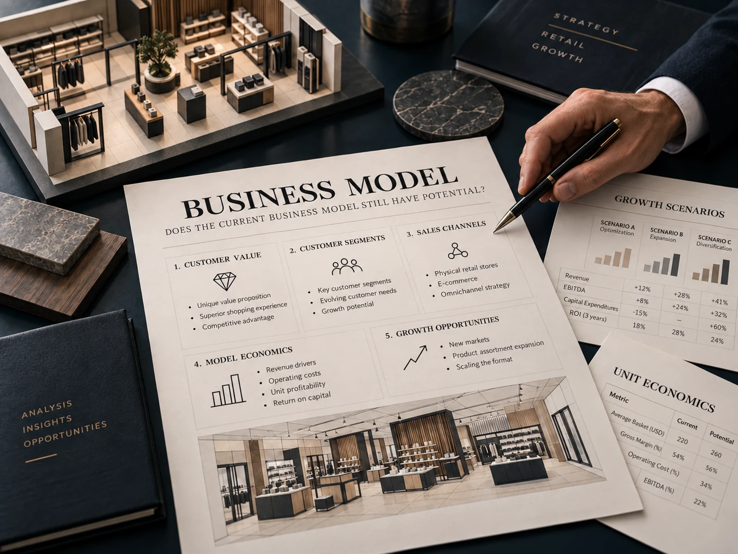 Dokument „Business Model“ mit Showroom-Modell und Wachstumsszenarien