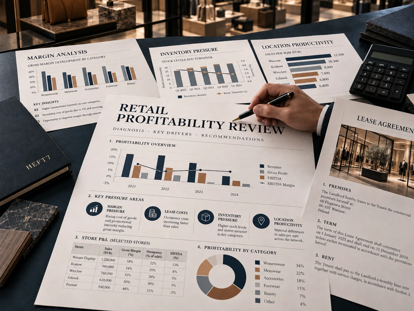 Dokument „Retail Profitability Review“ mit einer Analyse von Marge, Bestand und Standortproduktivität
