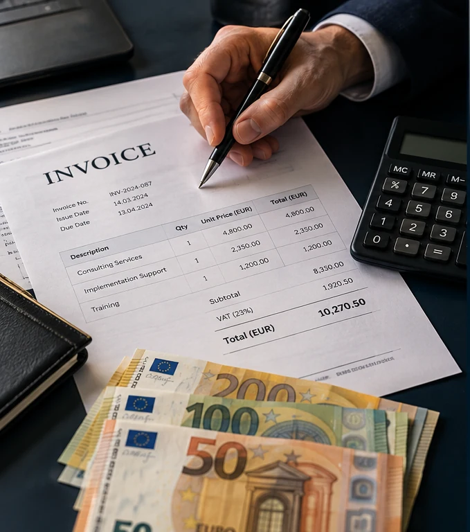 Kostenanalyse — Rechnung, Taschenrechner und Euro-Banknoten