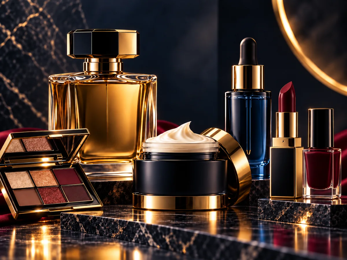 Parfümflakon, Serum mit Pipette, Creme, Lippenstift, Nagellack und Lidschattenpalette auf dunklem Marmor