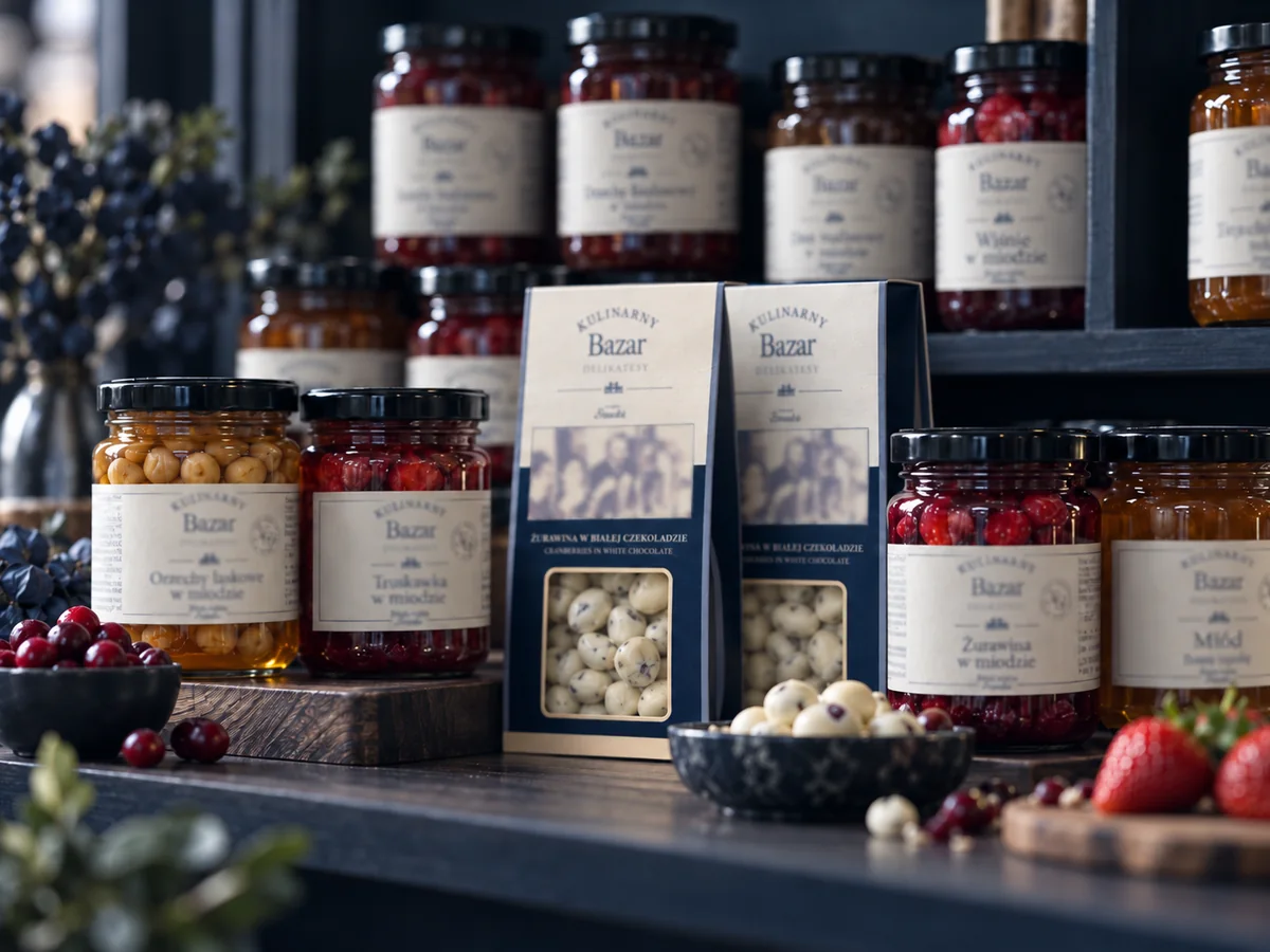 Feinkostkonserven in Gläsern und Produktverpackungen auf einem dunklen Regal