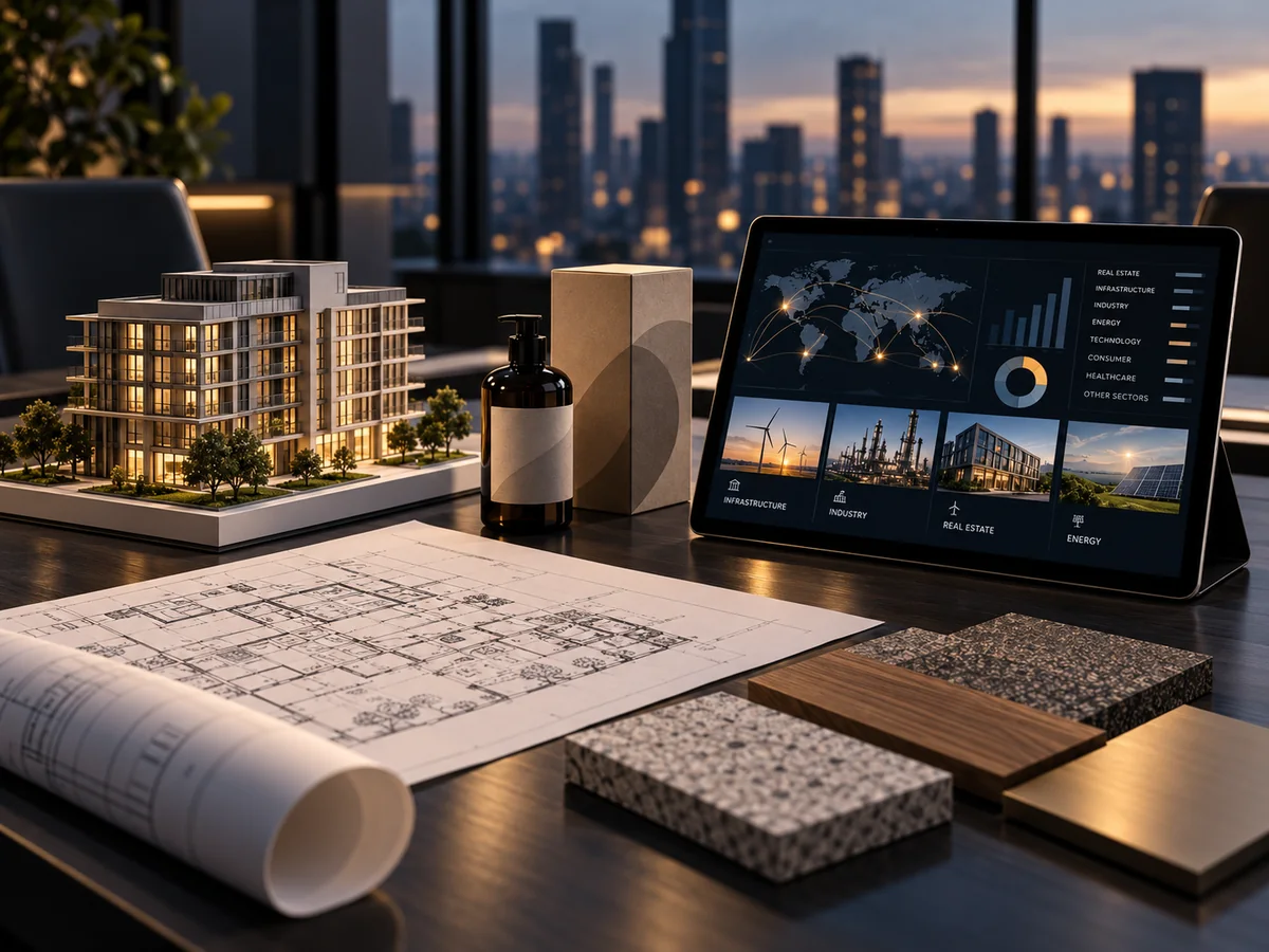 Strategietisch mit Gebäudemodell, Architekturplan, Materialmustern und einem Tablet mit Weltkarte