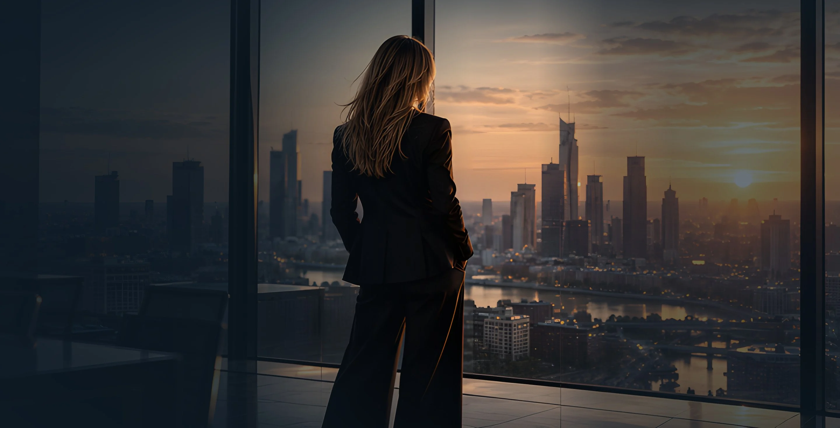 Managerin im dunklen Anzug mit Blick auf eine Stadtsilhouette bei Sonnenuntergang