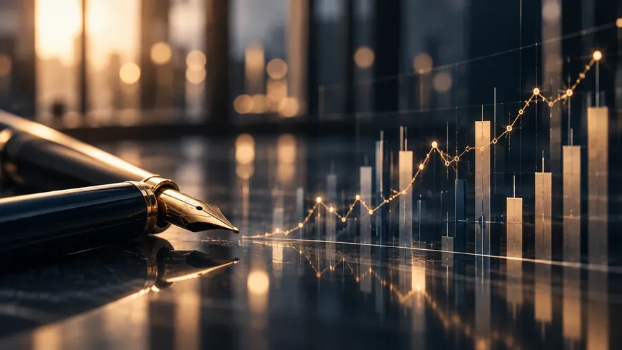 Füllfederhalter auf einer glänzenden Fläche und Visualisierung steigender Finanzkennzahlen