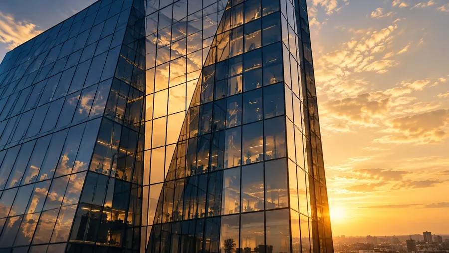 Modernes Bürogebäude aus Glas im Licht der untergehenden Sonne, mit Wolkenspiegelung in der Fassade