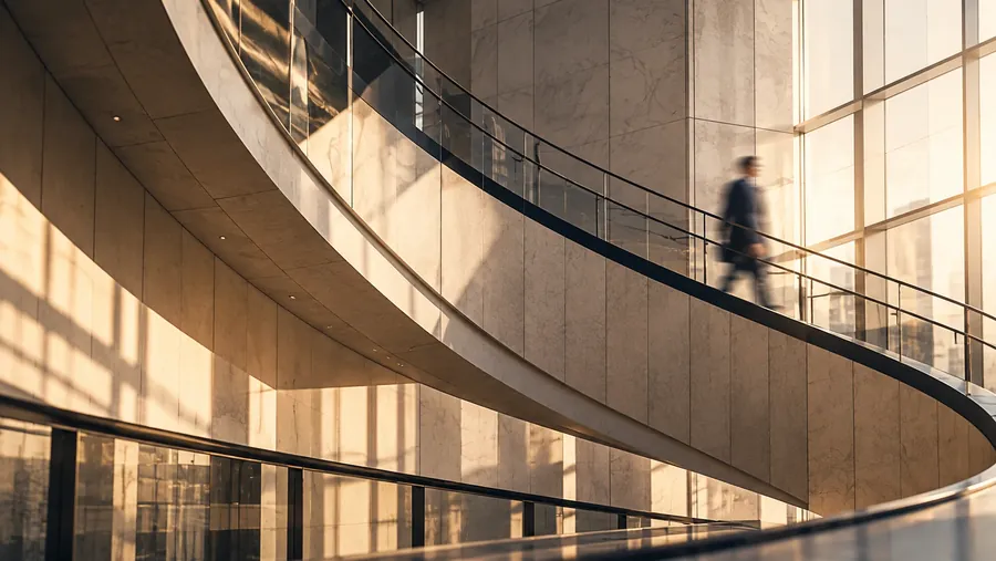 Geschwungene Konstruktion eines modernen Gebäudes aus Glas und Stein; eine Person auf der Treppe im Licht der untergehenden Sonne