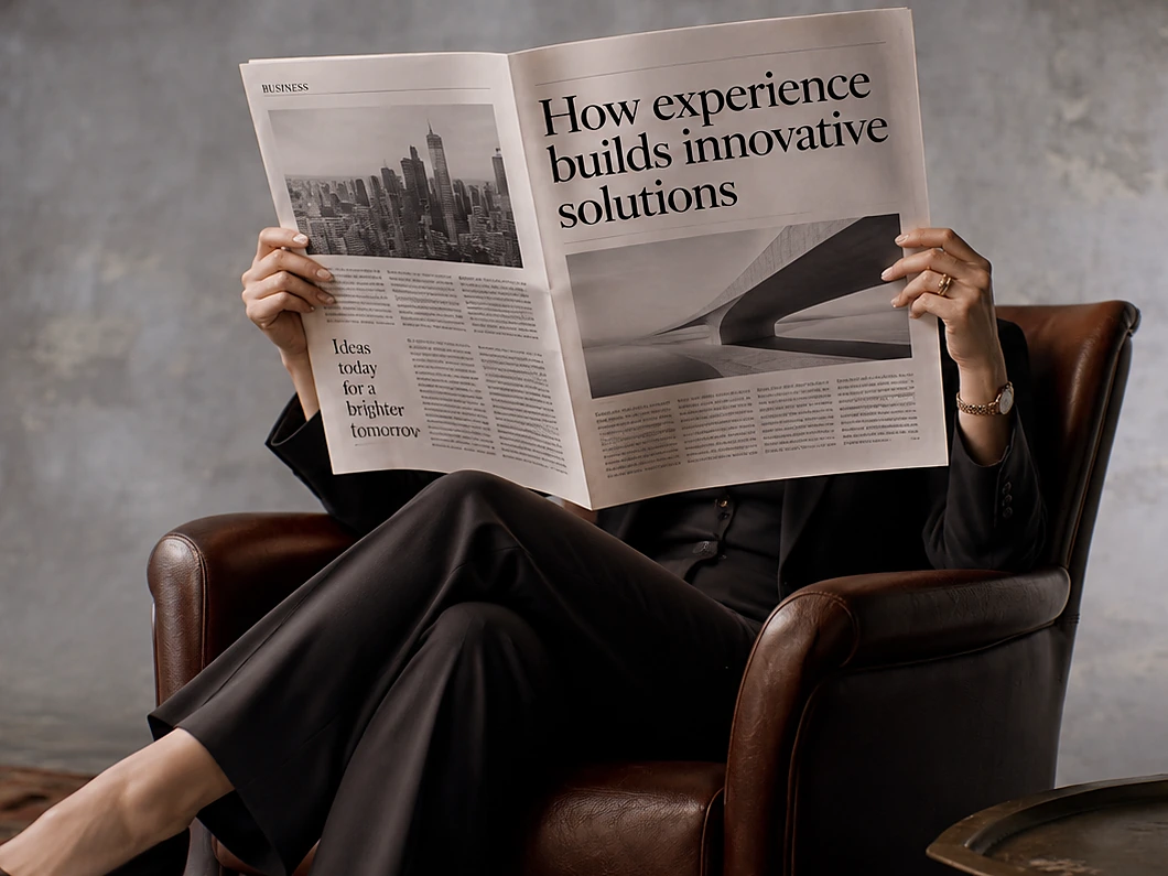 Frau im dunklen Anzug liest in einem Ledersessel eine Zeitung mit der Schlagzeile „How experience builds innovative solutions“