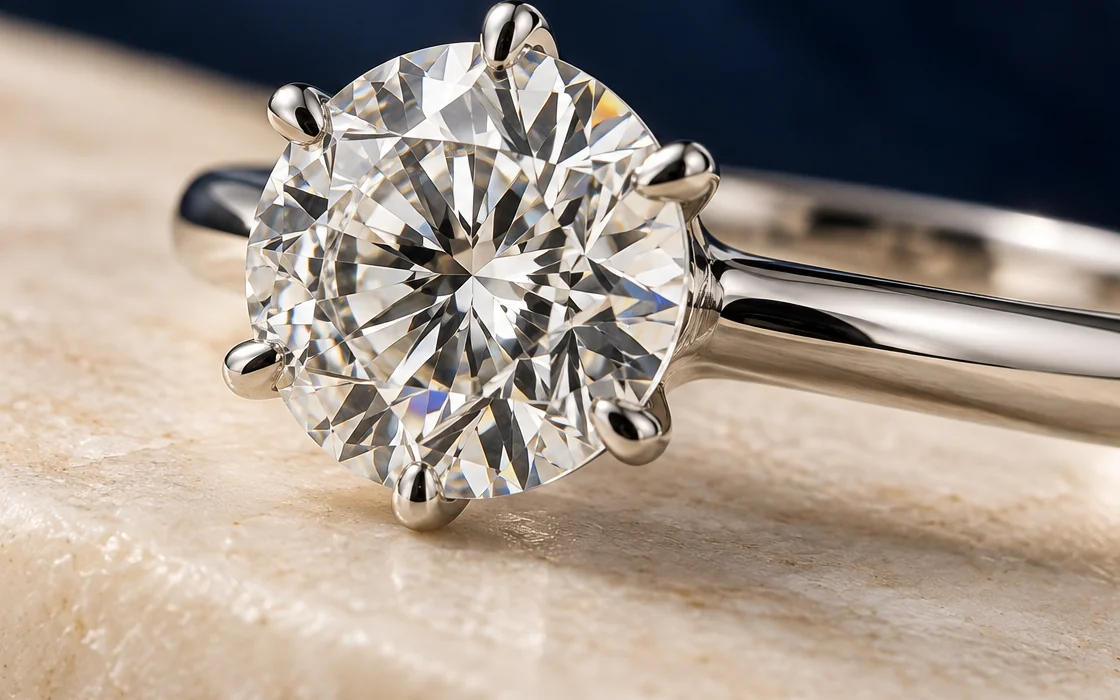 Nahaufnahme eines Diamantrings in Sechs-Krappen-Fassung