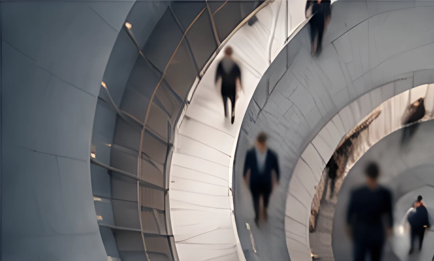 Wendeltreppe in einem modernen Bürogebäude, über die Menschen gehen