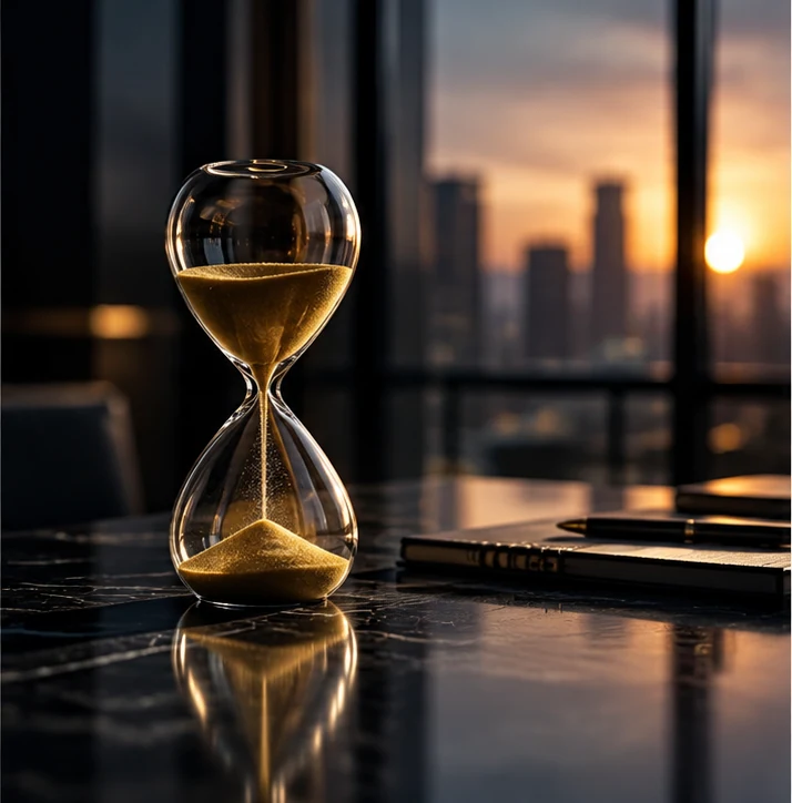 Sanduhr auf einem dunklen Tisch vor einem Stadtpanorama