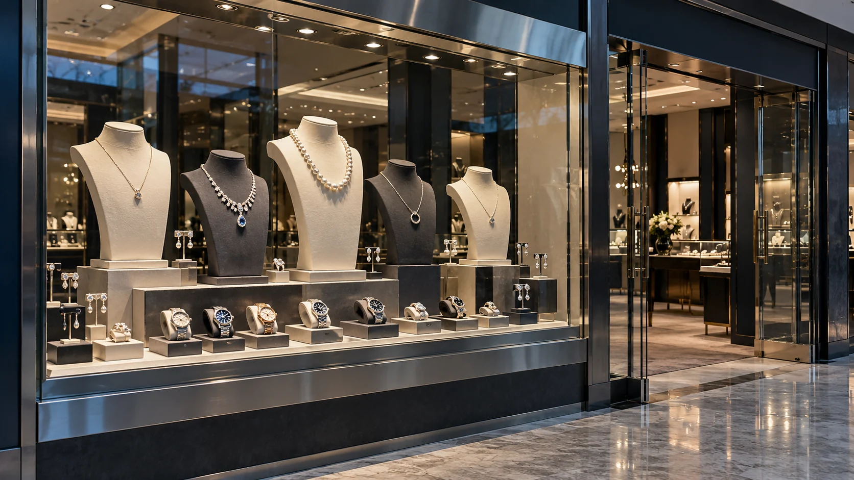 Schaufenster eines Juweliergeschäfts mit Halsketten auf Büsten, Uhrenauslage und Geschäftseingang.